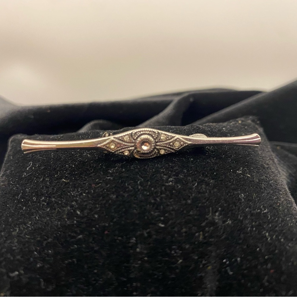 Vintage Silver-Tone Bar Brooch with Marcasite Detail -Art Deco